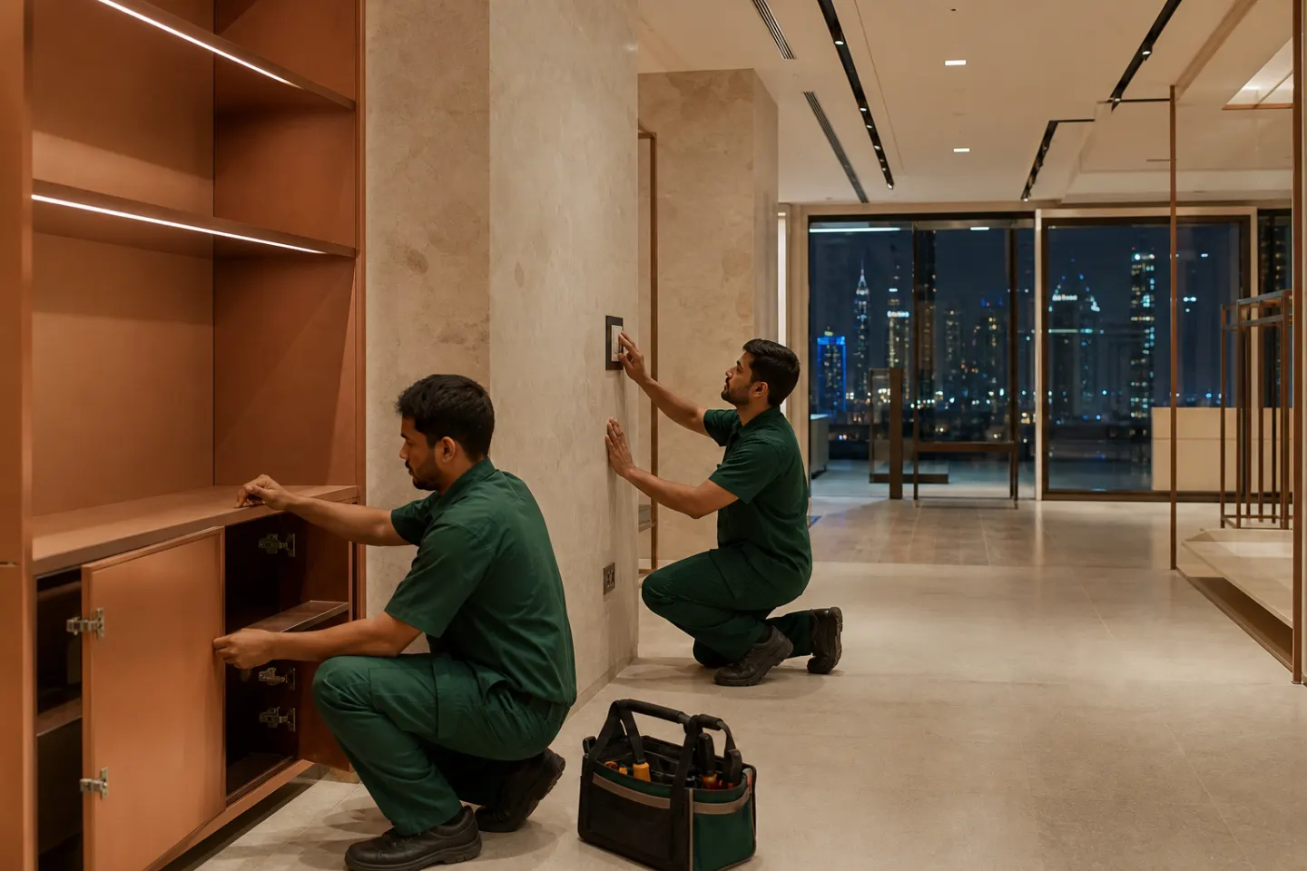 فني خدمات صيانة داخل مكتب حديث في دبي خارج وقت العمل